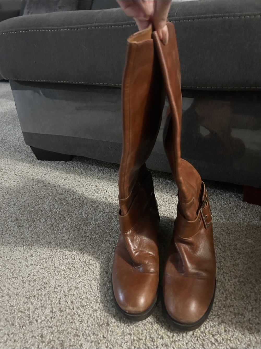 Zara Tan Leather Over-the-Knee Buckle Boots
